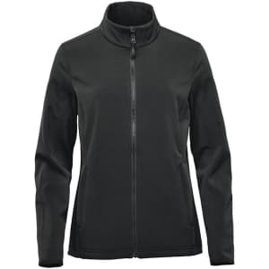 A women's soft shell jacket in dark green with a zip closure and high collar. It features a logo on the fabric.