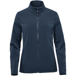 A navy softshell jacket with a full zip and high collar, featuring long sleeves and a logo on the chest.