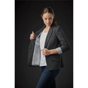 A grey women's blazer with a striped interior, featuring a single-breasted design and a fitted silhouette.