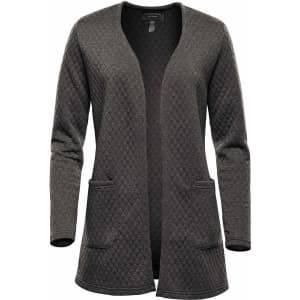 A women's open cardigan in dark green with a quilted texture and two front pockets. Features a simple design and no fastenings.