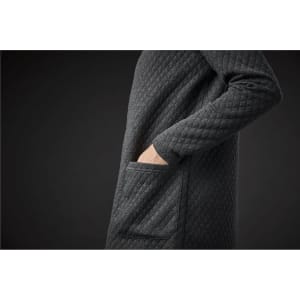 A dark green women's Chelsea open cardigan featuring a textured pattern and a side pocket.