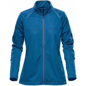 A women's softshell jacket in a deep blue colour, featuring a full zip and a collar. It has a logo on the front.