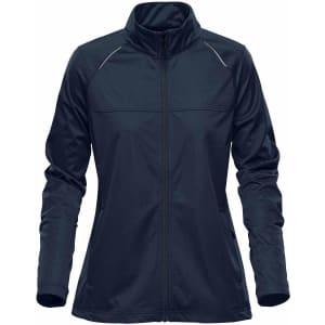 A women's lightweight softshell jacket in navy blue with a zip front, featuring a stand-up collar and a sleek design.