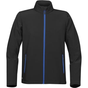 A black softshell jacket featuring blue zip details and side pockets. It has a high collar and a logo.