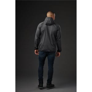 A black men's softshell jacket with a hood, shown from the back, paired with dark jeans. Features branding.