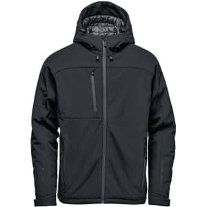 A black insulated softshell jacket with a hood and multiple pockets, featuring a logo on the chest.