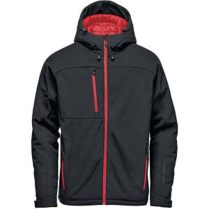 A black insulated softshell jacket with red accents and a hood, featuring zippered pockets and branding.