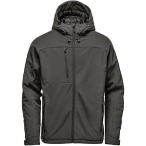 A green insulated softshell jacket with a hood, featuring a zippered front and a chest pocket. It has a logo on it.