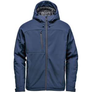 Men's insulated softshell jacket in navy blue with a hood and zipped pockets, featuring a logo.