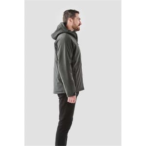 Men's insulated softshell jacket in dark grey, featuring a hood and a side profile view. Includes branding.