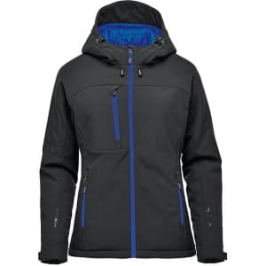 A black women's insulated softshell jacket with blue accents and a hood, featuring zipped pockets and branding.