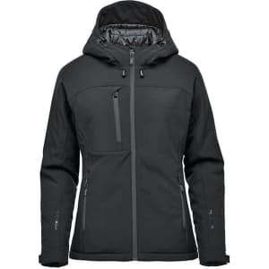 A black insulated softshell jacket with a hood and multiple zippers, featuring a logo on the sleeve.