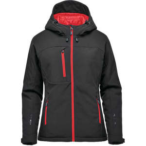 A women's insulated softshell jacket in black with red accents and a hood, featuring multiple zip pockets and a logo.