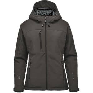 A women's insulated softshell jacket in a dark green colour, featuring a hood and multiple zip pockets, with a logo.