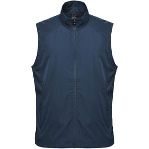 A navy blue men's vest with a zip front and a high collar, featuring a logo on the chest area.