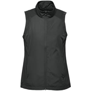 A black women's vest with a stand-up collar and zip closure, featuring a logo on one side.