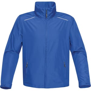 A blue rain jacket with a high collar, two zippered pockets, and reflective detailing. It has a branding logo.
