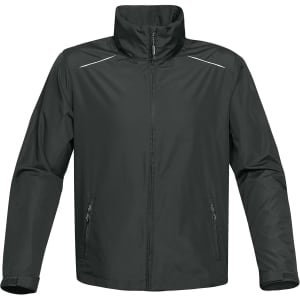 A dark green rain jacket featuring a zippered front, side pockets, and reflective detailing. It has a stand-up collar and a logo.