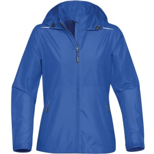 A blue women's rain jacket with a hood and zippered pockets, featuring a branding logo.