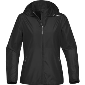 A black women's rain jacket featuring a hood and zippered pockets, with reflective accents and a logo.
