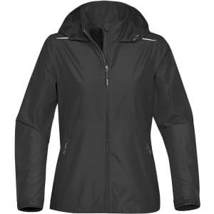 A black rain jacket featuring a hood and zippered pockets, designed for women. It has reflective detailing and a logo.