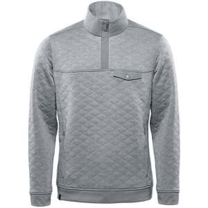 A grey thermal 1/4 zip pullover featuring a quilted design and a small chest pocket. It has a branded logo.