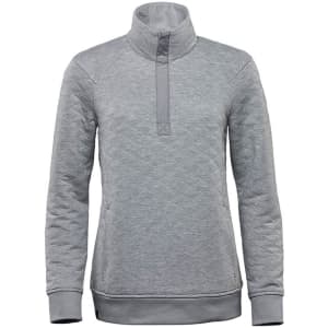 A grey women's thermal 1/4 zip pullover with a collar and ribbed hem, featuring a logo.