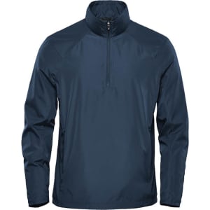 A navy blue men's 1/4 zip anorak jacket featuring a high collar and a branding logo.