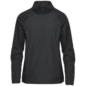A black women's 1/4 zip anorak rain jacket with a logo. Features raglan sleeves and a high collar.
