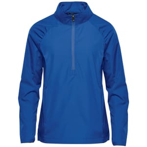A blue women's 1/4 zip anorak jacket with a logo, featuring long sleeves and a lightweight design.