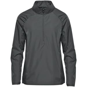 A women's rain jacket in dark grey featuring a 1/4 zip and a logo. Ideal for outdoor wear.