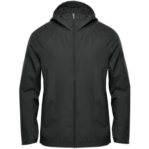 A dark green wind jacket with a hood, featuring a zip front and an attached logo.