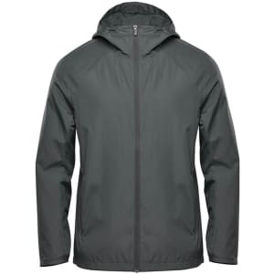 A men's wind jacket in dark green, featuring a hood and a front zip, with a logo on the chest.