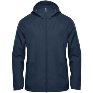 A navy wind jacket with a hood and a zipped front, featuring a logo on the chest area.