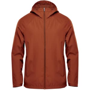 A men's wind jacket in a rich brown colour, featuring a hood and zip closure, with a logo on one side.