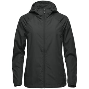 A women's wind jacket in dark green, featuring a hood and a sleek, lightweight design. It has a logo on the sleeve.
