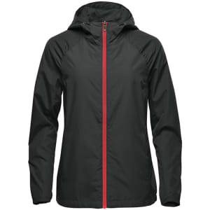 A women's wind jacket in dark green with a red zipper, featuring a hood and an unadorned branding logo.