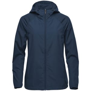 A navy blue women's wind jacket with a hood and a zippered front, featuring a logo on the chest.