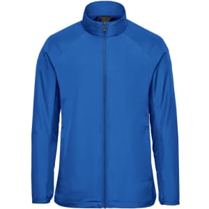A blue full zip jacket with a stand-up collar and raglan sleeves. Features a logo on the chest.