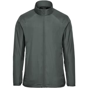 A men's full zip jacket in dark grey with a sleek design and a high collar, featuring a logo.