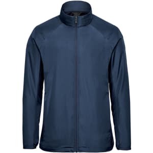 A navy blue men's full zip jacket with a stand-up collar and a logo on the chest.