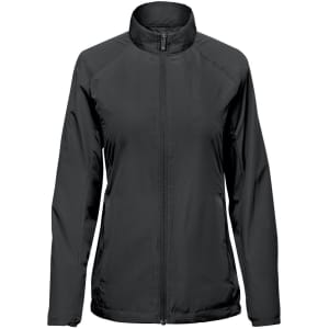 A women's full zip jacket in black with a collar and a branding logo.