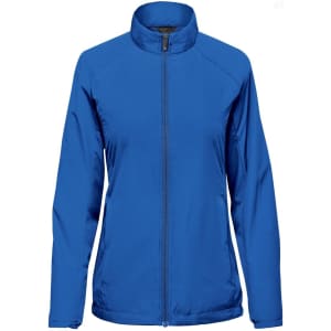 A women's full zip jacket in bright blue with a collar and a logo on the chest.