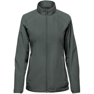 A women's full zip jacket in dark grey with a collar and long sleeves, featuring a logo on the front.