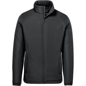 A black thermal jacket with a zip front and a stand-up collar, featuring a logo on the chest.