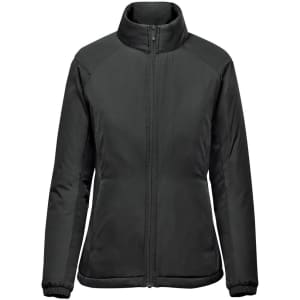 A women's thermal jacket in black with a high collar and zip-up front. It features a logo on the upper chest.