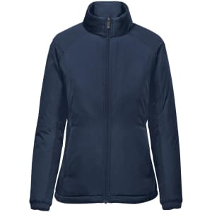 A women's thermal jacket in navy blue with a zip front and high collar. It features a logo on the chest.