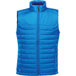 A bright blue quilted vest with a high collar and front zip, featuring a logo on the lower side.