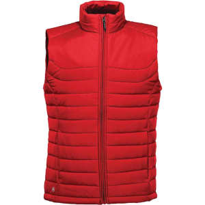 A red quilted vest with a high collar and zip front, featuring a logo on the lower side.