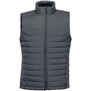 A grey quilted vest with a high collar, featuring a zipped front and no sleeves, designed for workwear.